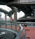 Shanghai, Motorway Intersection in Downtown, 3 men waiting